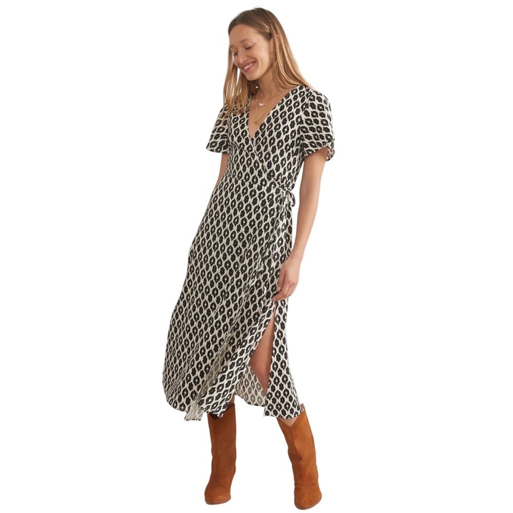 Marine Layer Black and White Printed Wrap Midi Dress